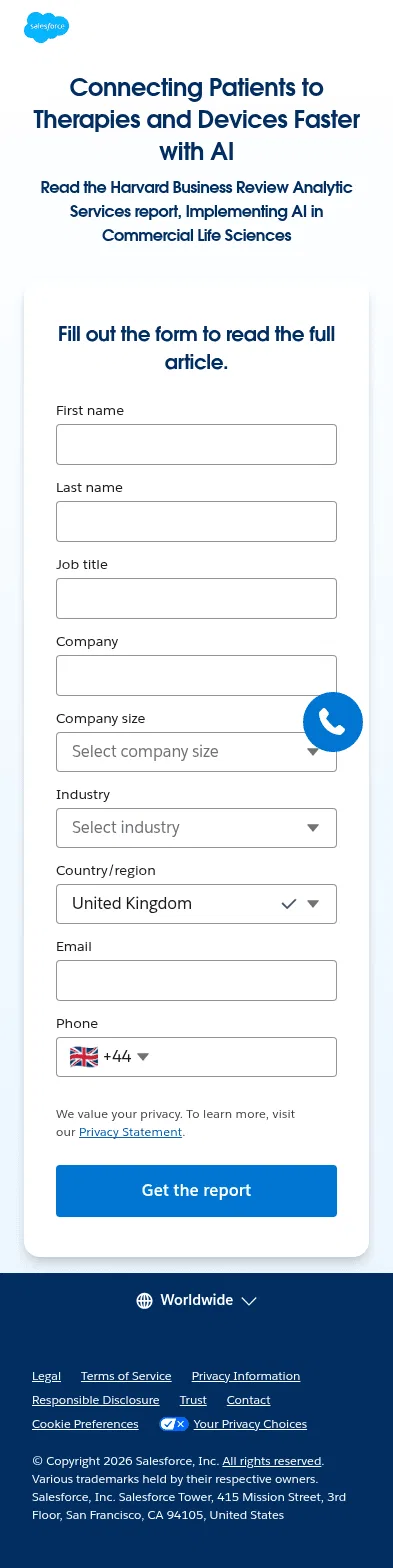 salesforce.com/life-sciences/resources/ai-in-life-science-report on mobile, full screenshot
