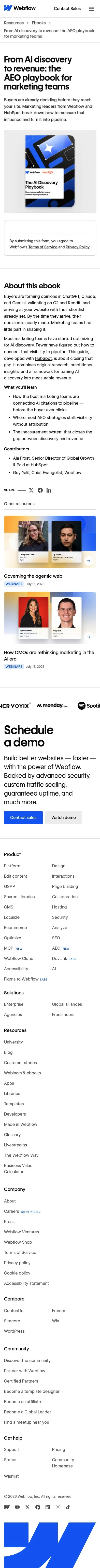 webflow.com/resources/ebooks/from-ai-discovery-to-revenue-the-aeo-playbook-for-marketing-teams on mobile, full screenshot