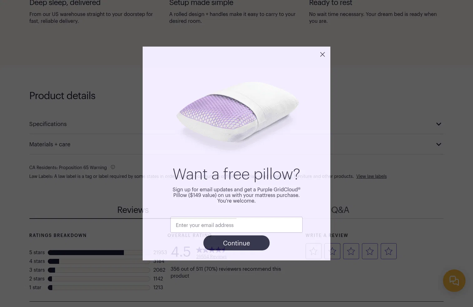 purple.com/mattresses/purple-bed on desktop, full screenshot