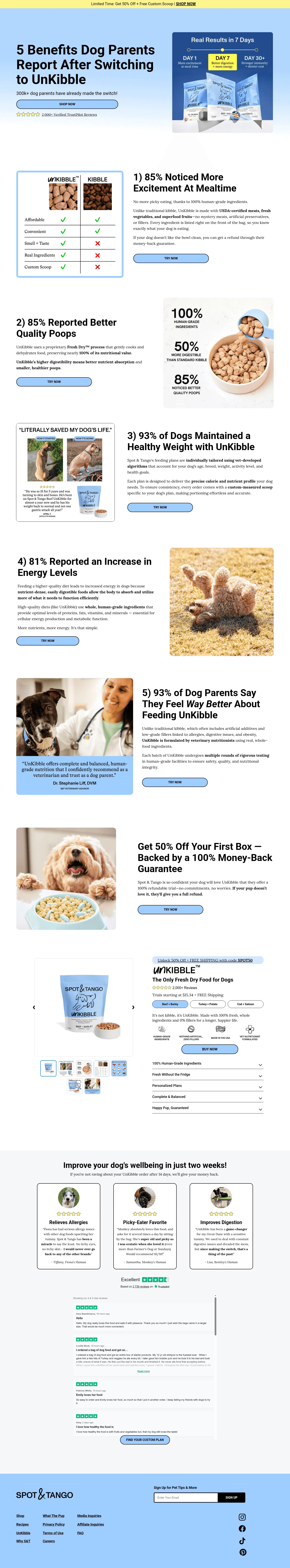 try.spotandtango.com/6-benefits-unkibble on desktop, full screenshot