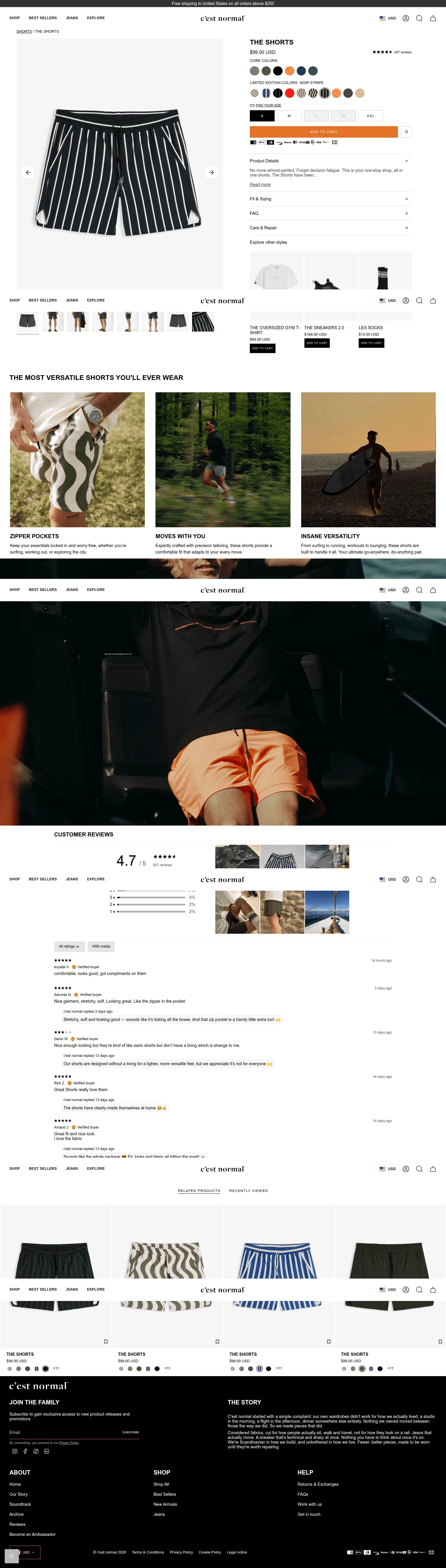 cestnormal.com/products/the-shorts-noir-stripe on desktop, full screenshot
