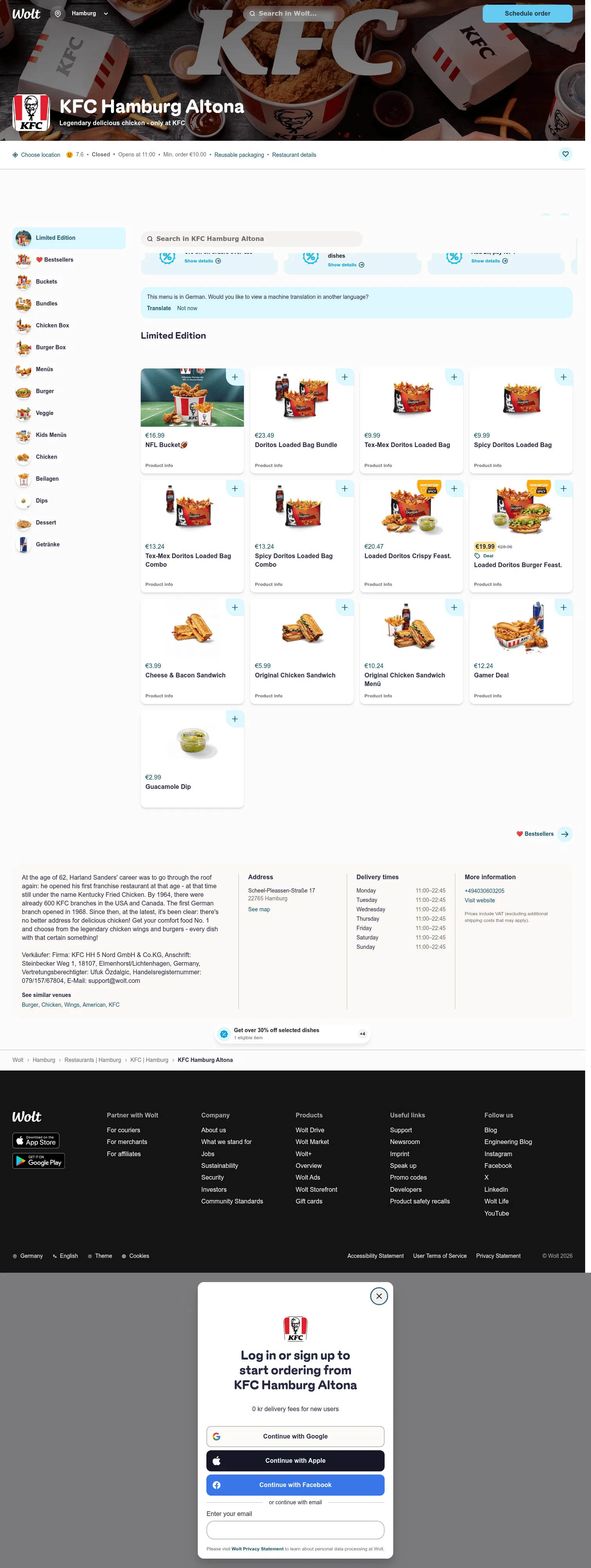 wolt.com/en/deu/hamburg/restaurant/kfc-altona on desktop, full screenshot