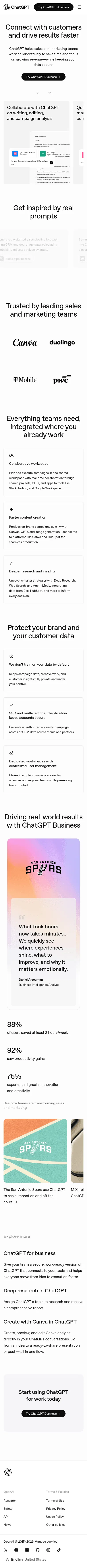 chatgpt.com/business/ai-for-sales-marketing on mobile, full screenshot