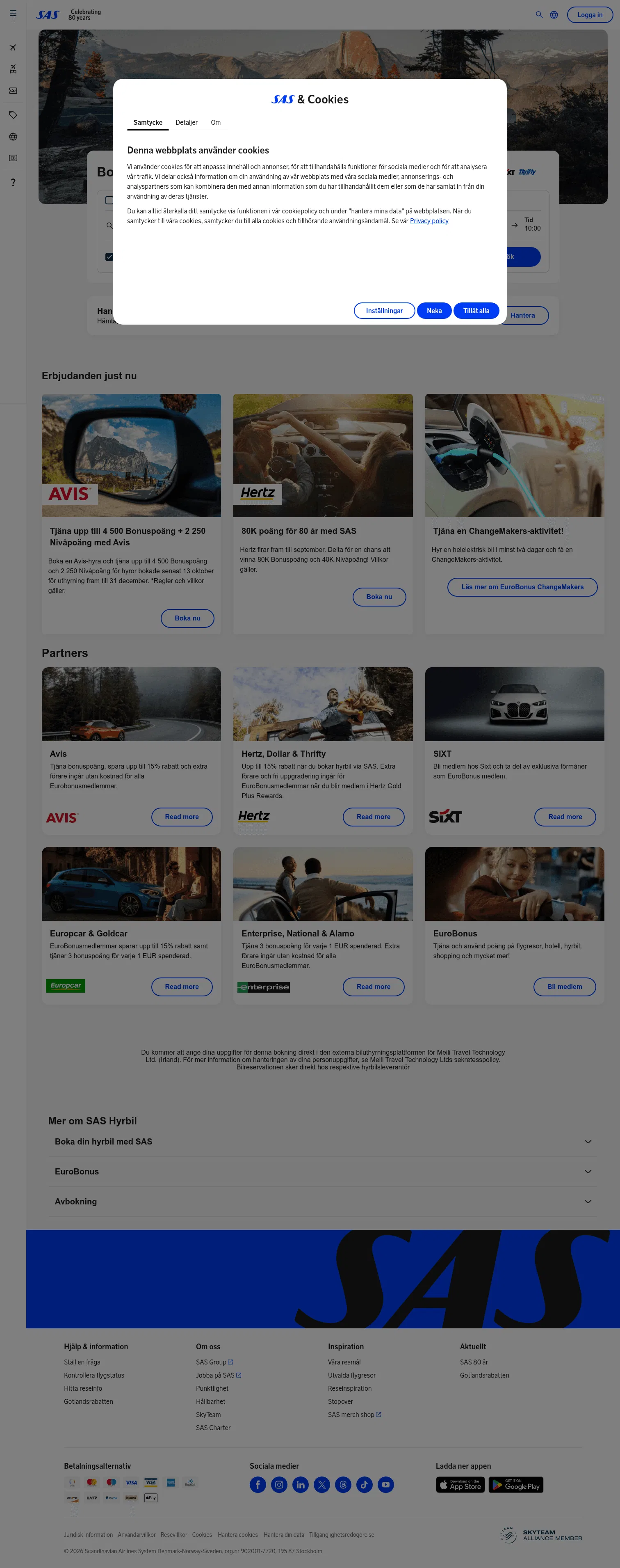 sas.se/boka/hyrbil on desktop, full screenshot