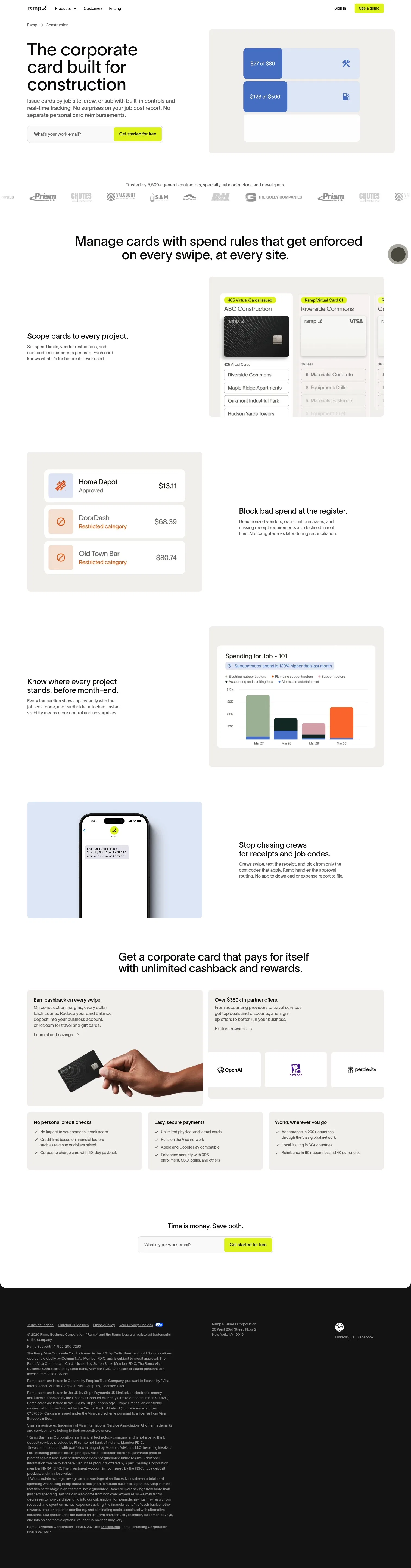 ramp.com/construction/corporate-cards on desktop, full screenshot