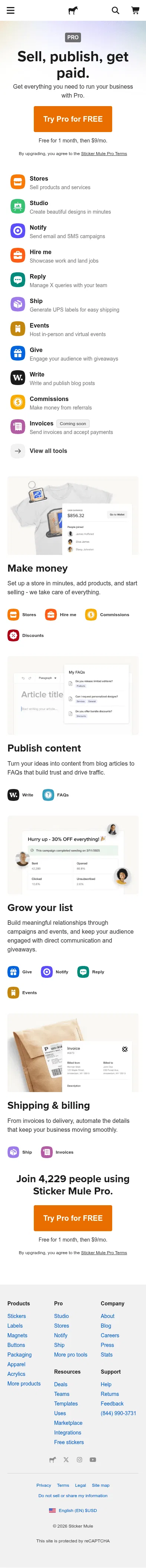 stickermule.com/pro on mobile, full screenshot