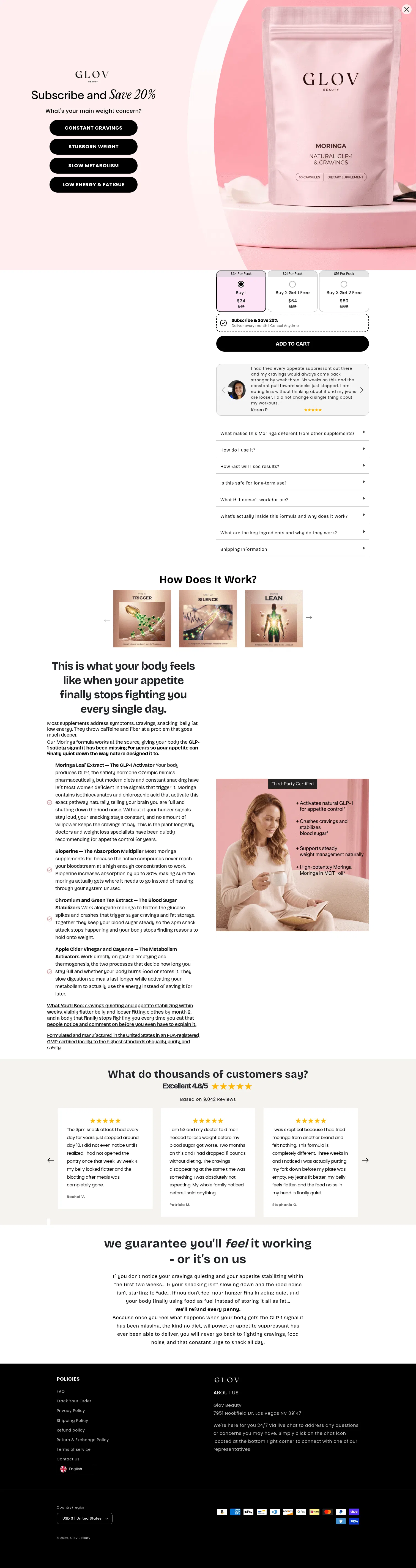 glovbeauty.com/products/moringa-lean-natural-glp-1-cravings-capsules on desktop, full screenshot