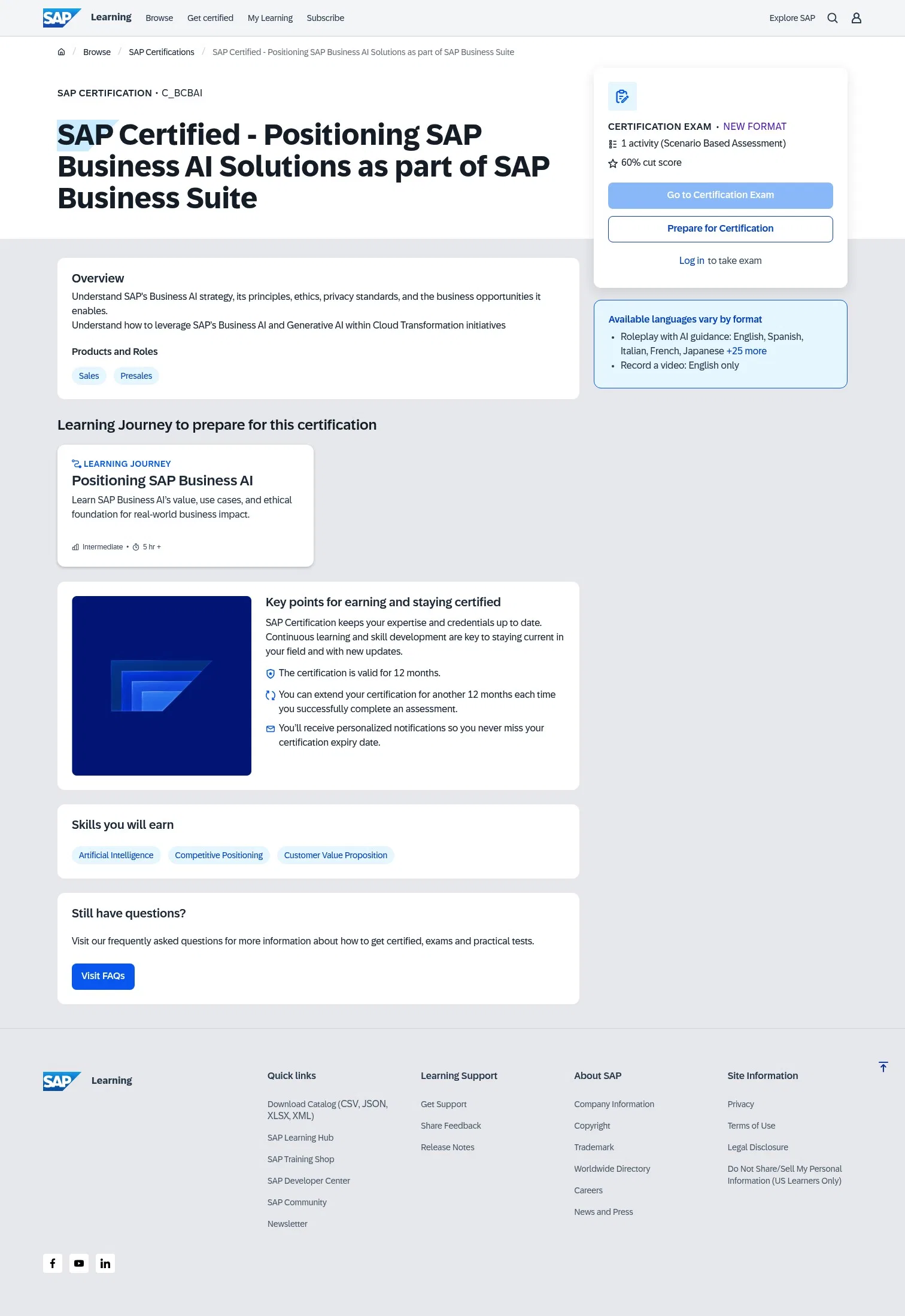 learning.sap.com/certifications/sap-certified-associate-positioning-sap-business-ai-solutions-as-part-of-the-sap-business-suite on desktop, full screenshot