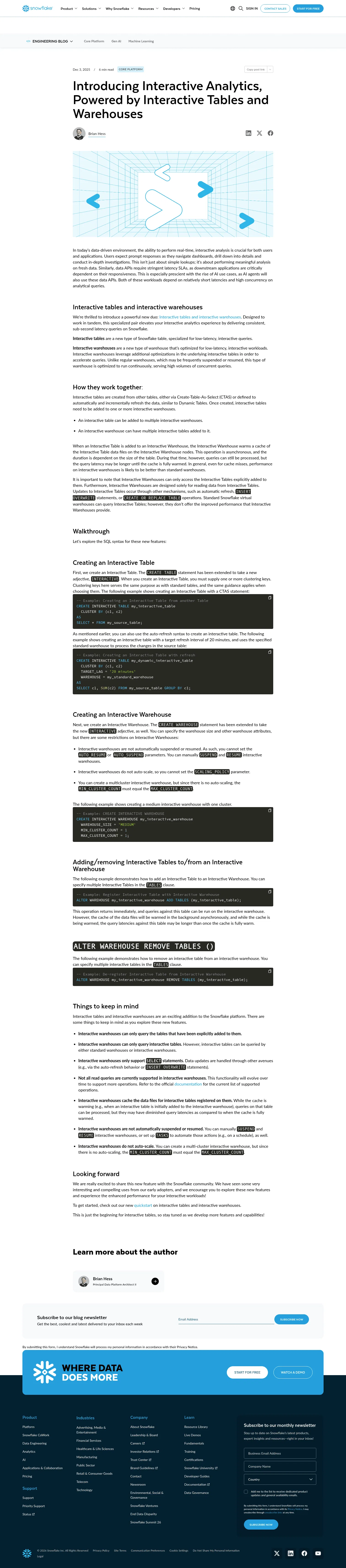 snowflake.com/en/blog/engineering/Interactive-analytics-tables-warehouses on desktop, full screenshot