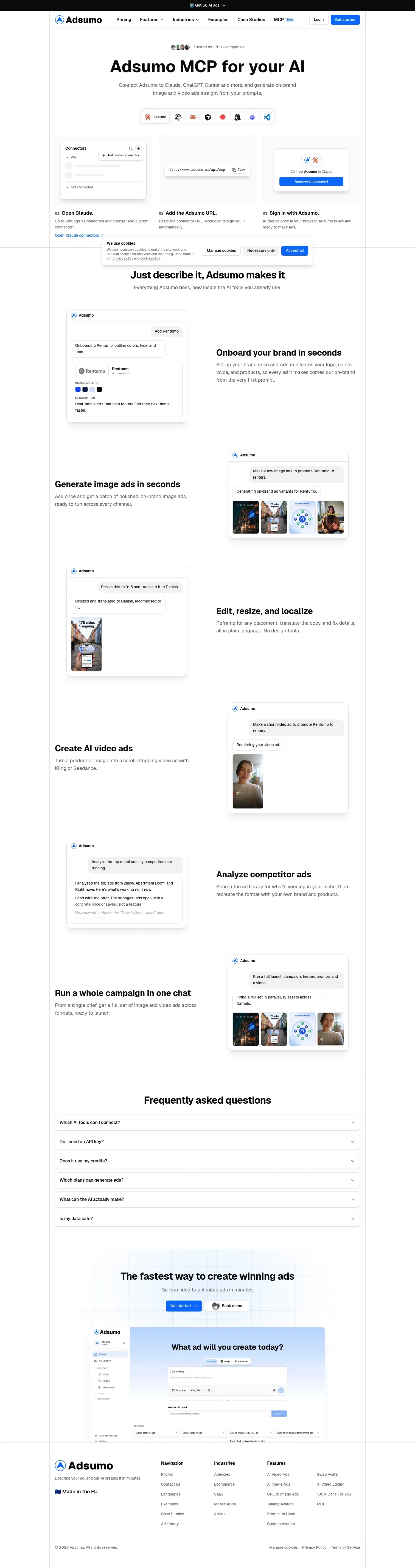 adsumo.ai/mcp on desktop, full screenshot