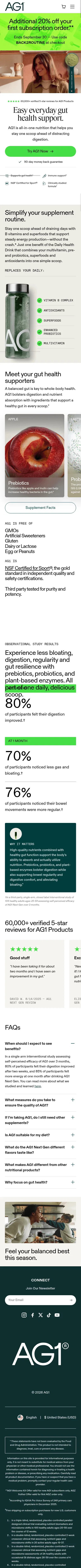 drinkag1.com/gut-health on mobile, full screenshot