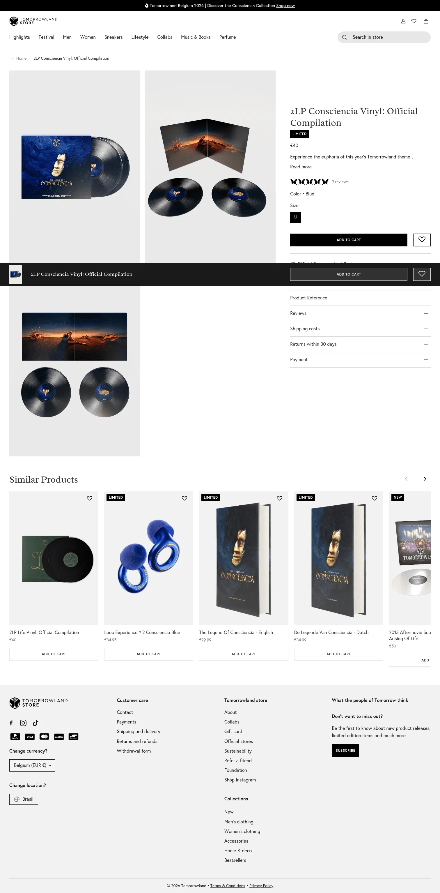 store.tomorrowland.com/products/2lp-consciencia-vinyl on desktop, full screenshot