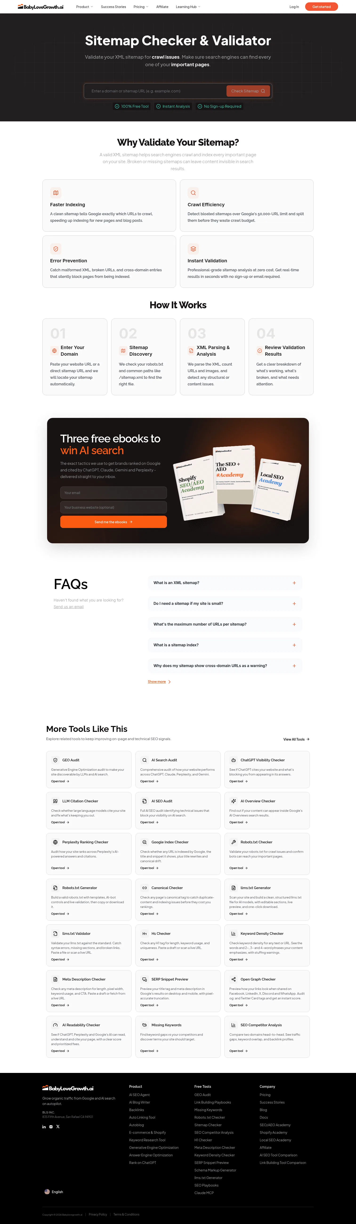 babylovegrowth.ai/en/free-tools/sitemap-checker on desktop, full screenshot