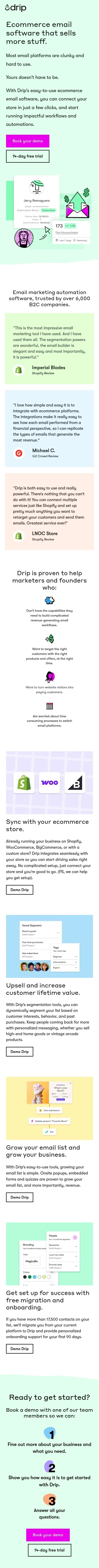 drip.com/ecommerce-email-software-ppc on mobile, full screenshot