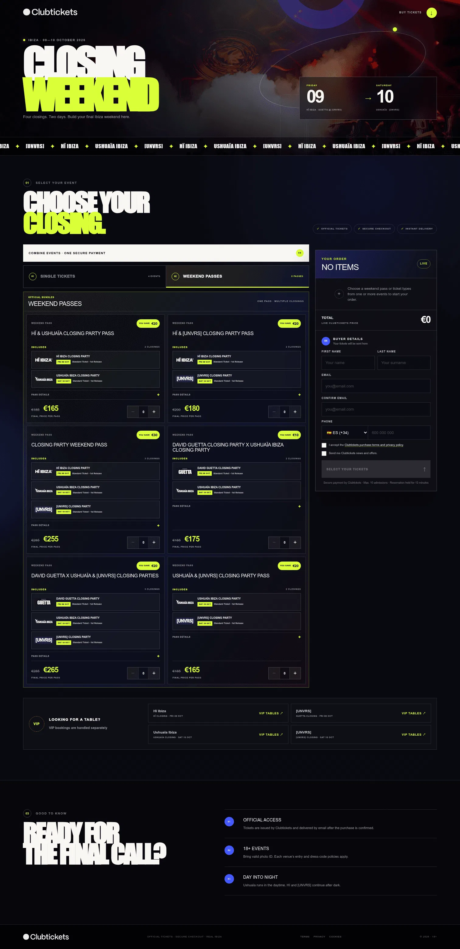 ibizaclosings.clubtickets.com on desktop, full screenshot