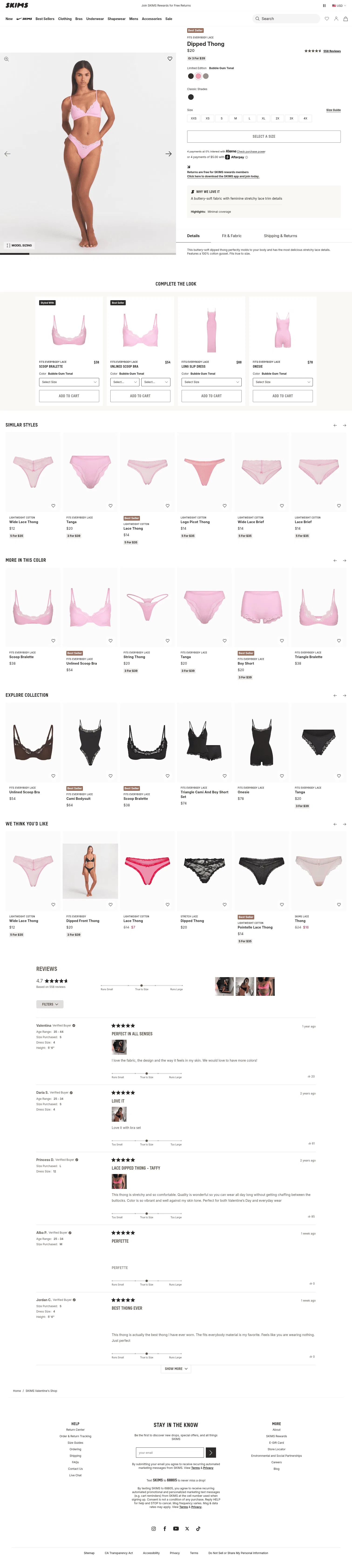 skims.com/products/fits-everybody-lace-dipped-thong-bubble-gum-tonal on desktop, full screenshot