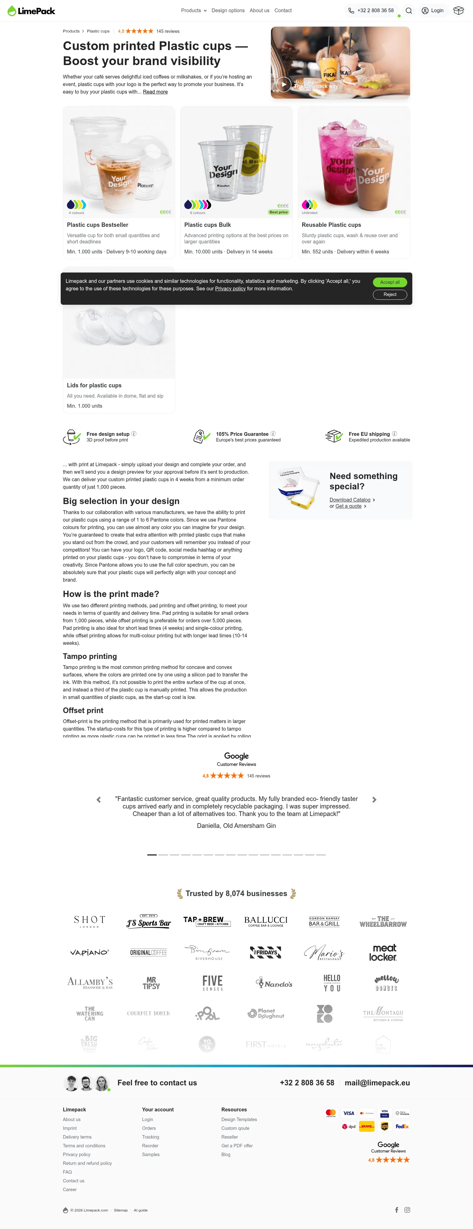 limepack.eu/branded-plastic-cups on desktop, full screenshot