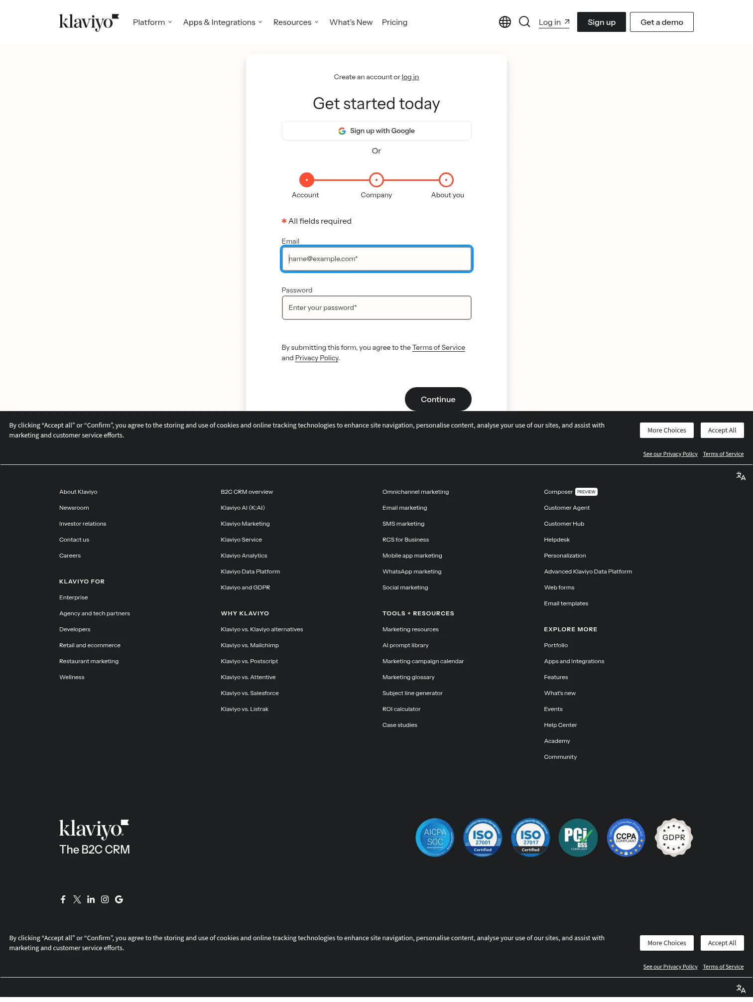 klaviyo.com/sign-up on desktop, full screenshot