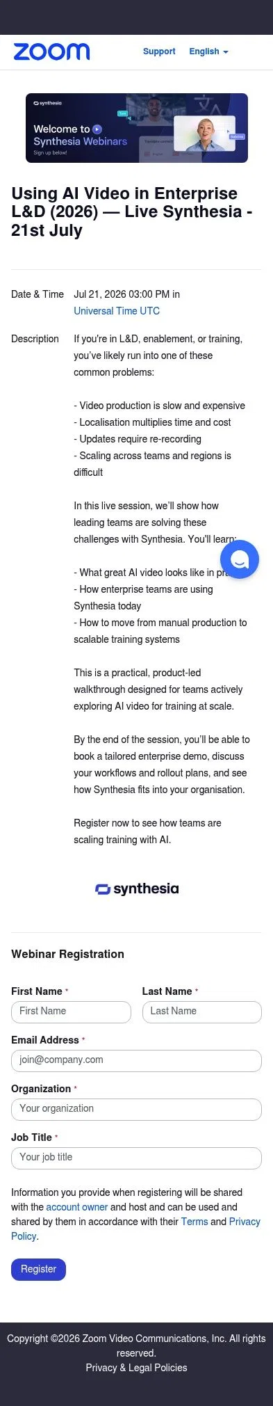 synthesia-io.zoom.us/webinar/register/7617764630883/WN_yltXROw6Rj2IWrxrcclklA on mobile, full screenshot