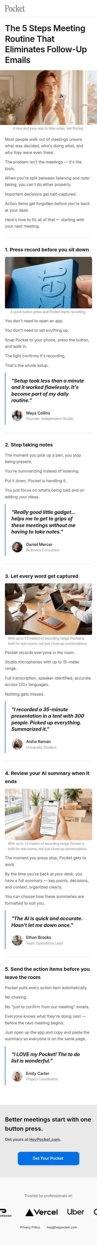 heypocket.com/pages/5-steps-to-improve-meetings-v2 on mobile, full screenshot