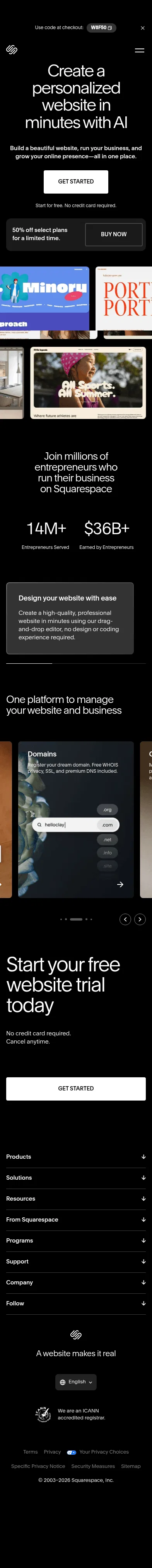 squarespace.com/go/create-a-website on mobile, full screenshot