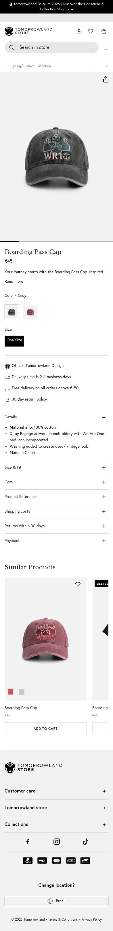 store.tomorrowland.com/en-nl/collections/spring-summer-collection-2026/products/boarding-pass-cap-grey on mobile, full screenshot