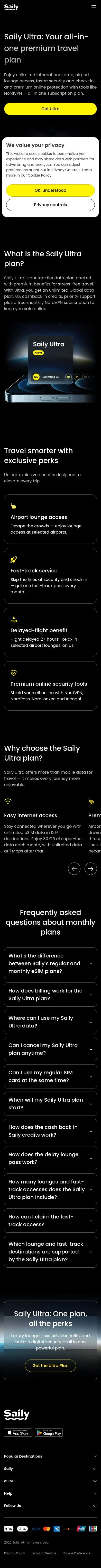 saily.com/esim-ultra-plan on mobile, full screenshot