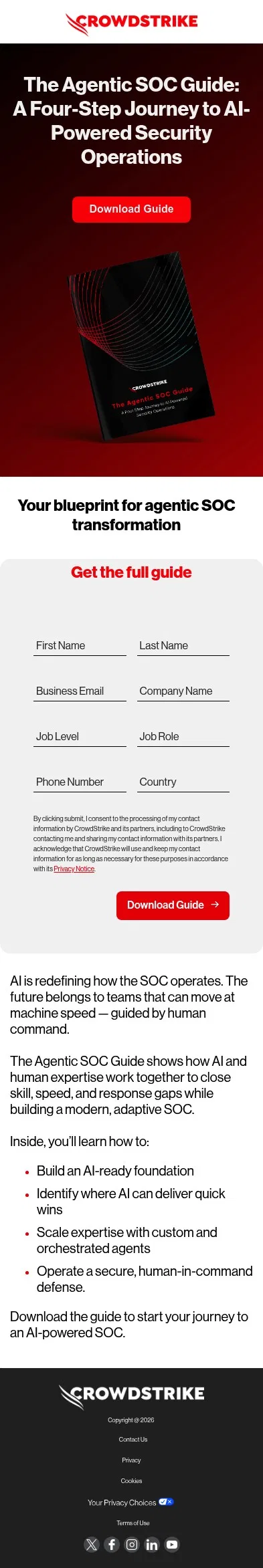 go.crowdstrike.com/Agentic-soc-guide.html on mobile, full screenshot