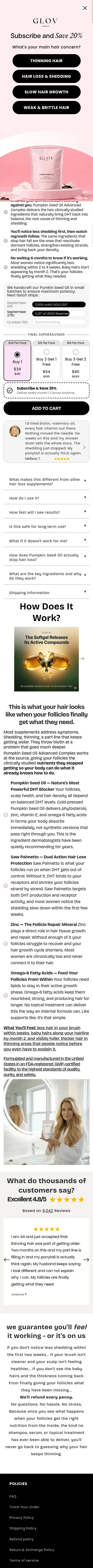 glovbeauty.com/products/pumpkin-seed-oil-advanced-hair-loss-complex-softgels on mobile, full screenshot