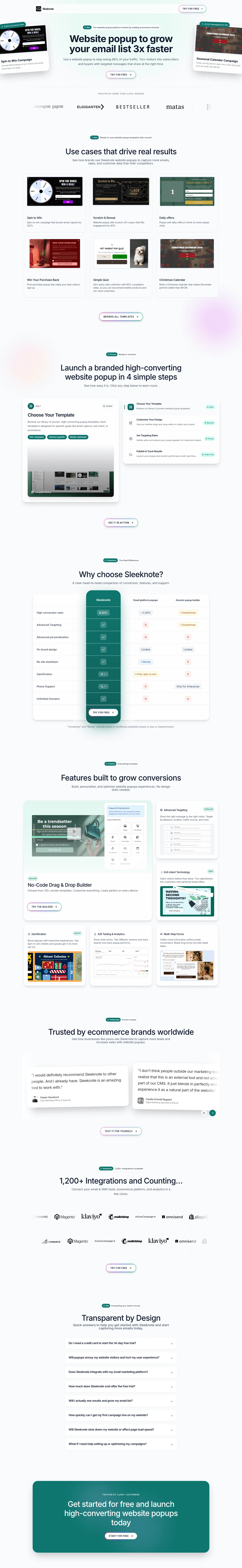 sleeknote.com/website-popup-v2 on desktop, full screenshot