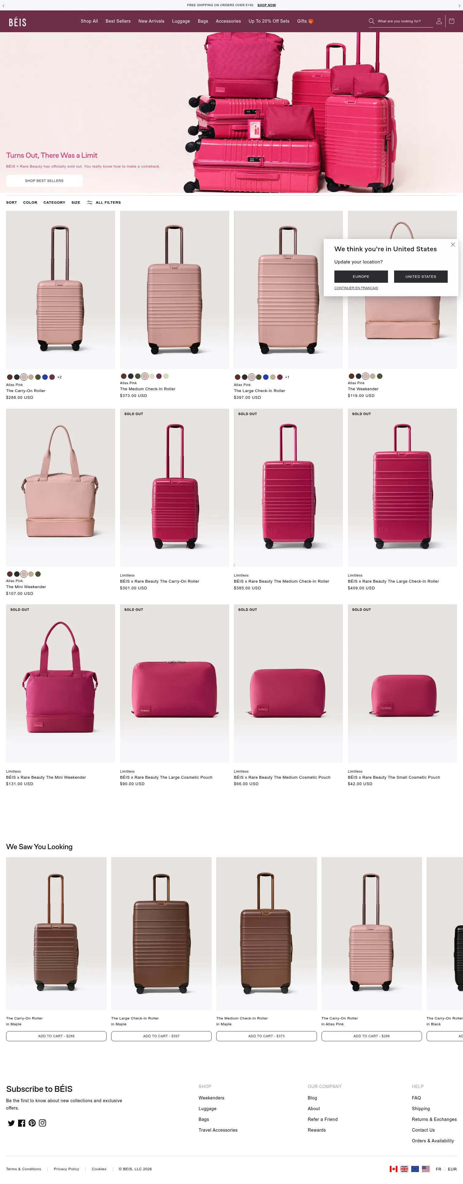 eu.beistravel.com/collections/rare-beauty on desktop, full screenshot