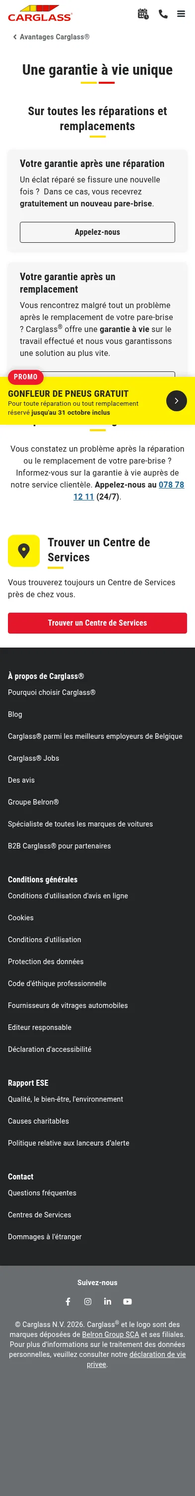 carglass.be/fr/avantages-carglass/garantie-a-vie on mobile, full screenshot
