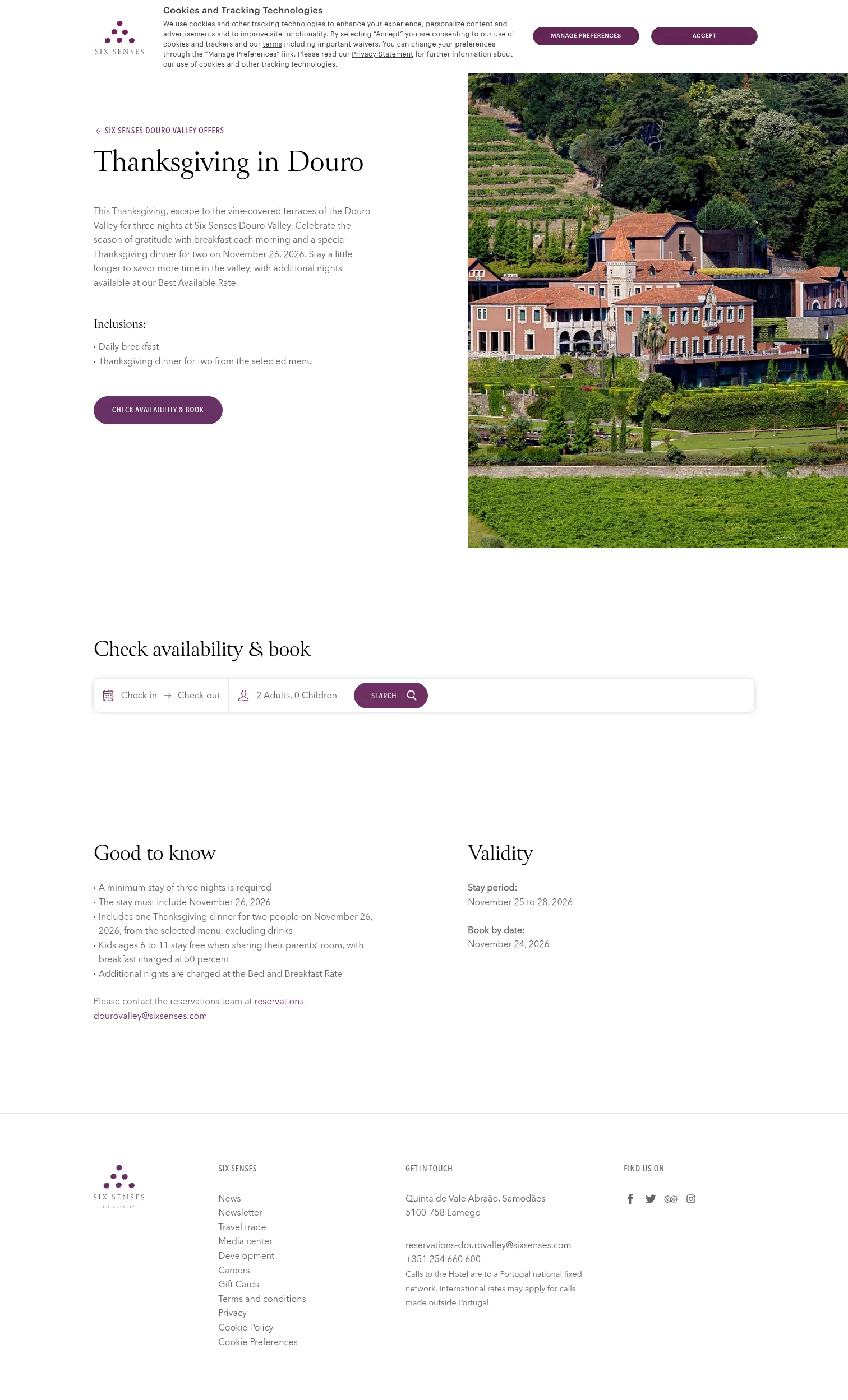 sixsenses.com/en/hotels-resorts/europe/portugal/douro-valley/offers/thanksgiving on desktop, full screenshot