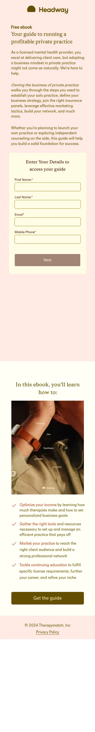 join.headway.co/content/private-practice-guide on mobile, full screenshot