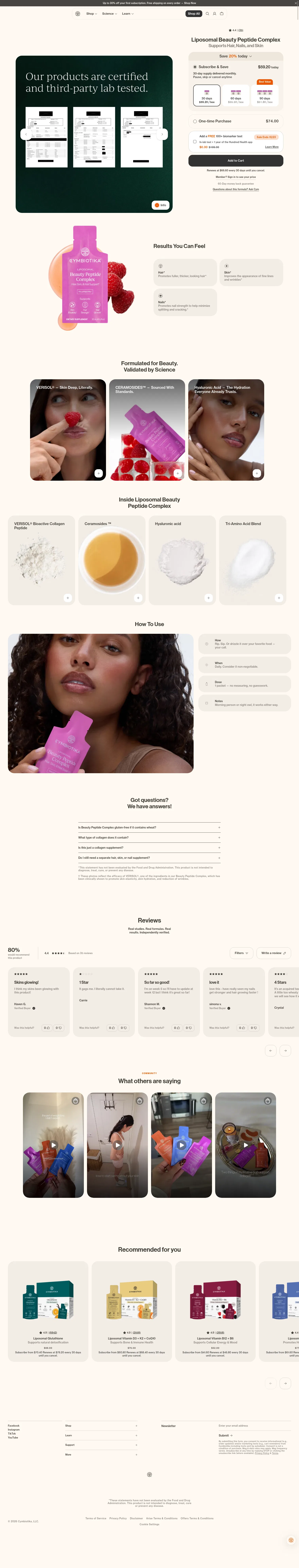cymbiotika.com/products/liposomal-beauty-peptide-complex on desktop, full screenshot
