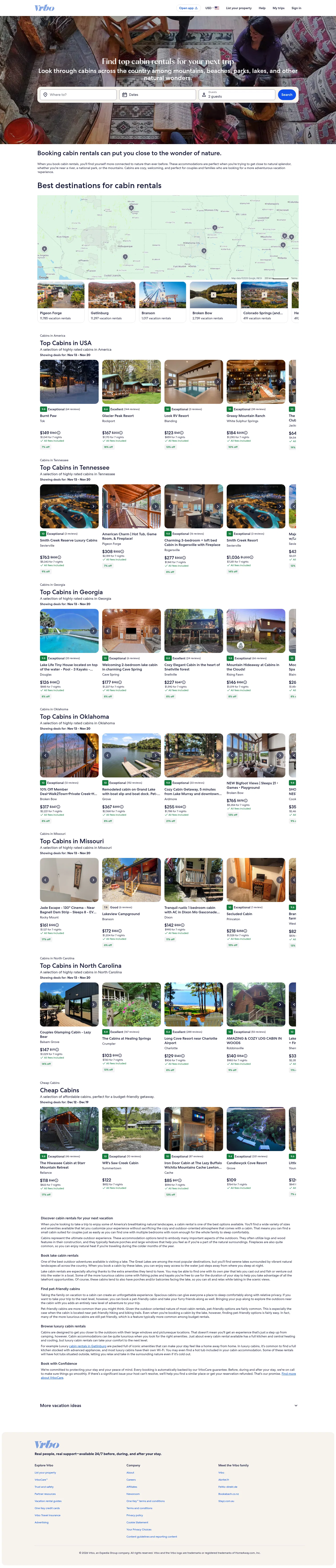 vrbo.com/travel/cabins on desktop, full screenshot