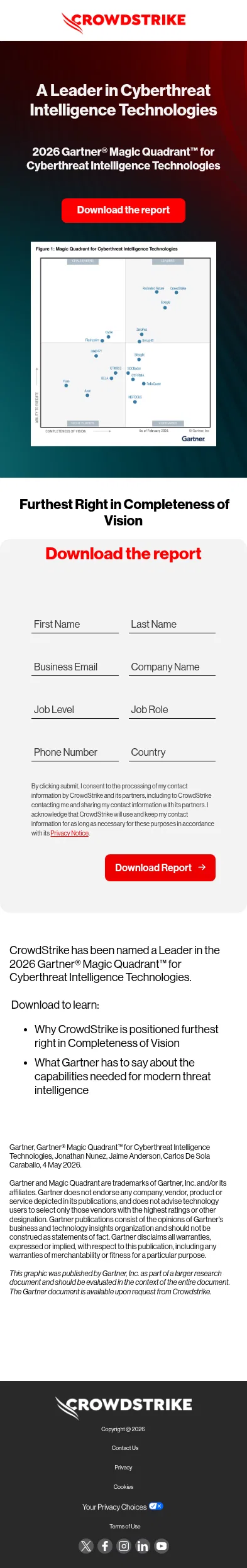 go.crowdstrike.com/2026-gartner-mq-threat-intel.html on mobile, full screenshot