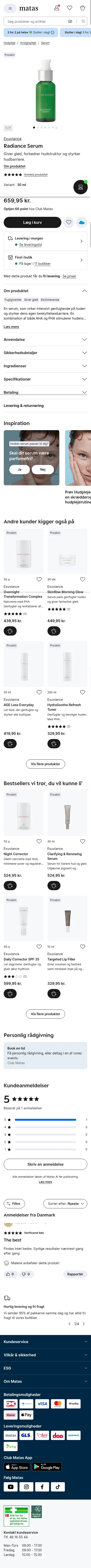 matas.dk/exuviance-radiance-serum-30-ml on mobile, full screenshot