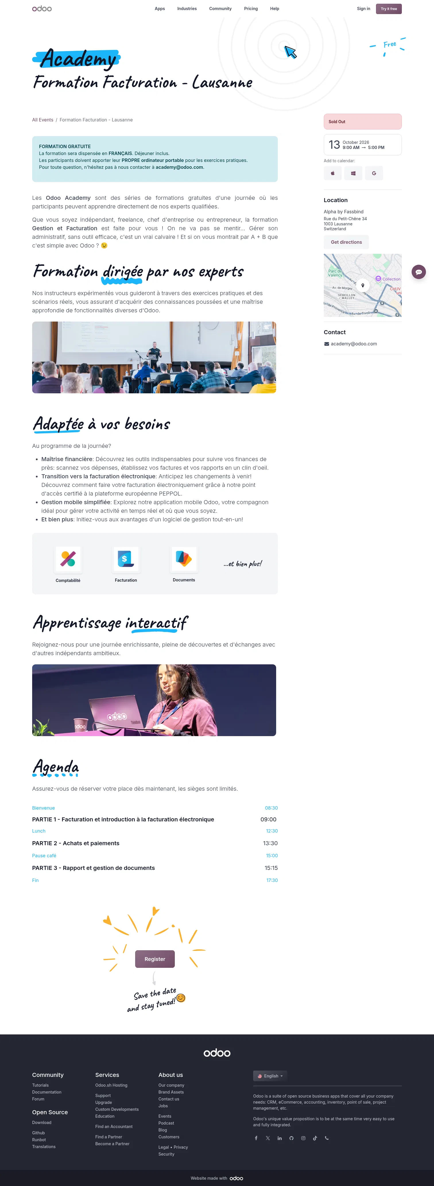 odoo.com/event/formation-facturation-lausanne-11691/register on desktop, full screenshot