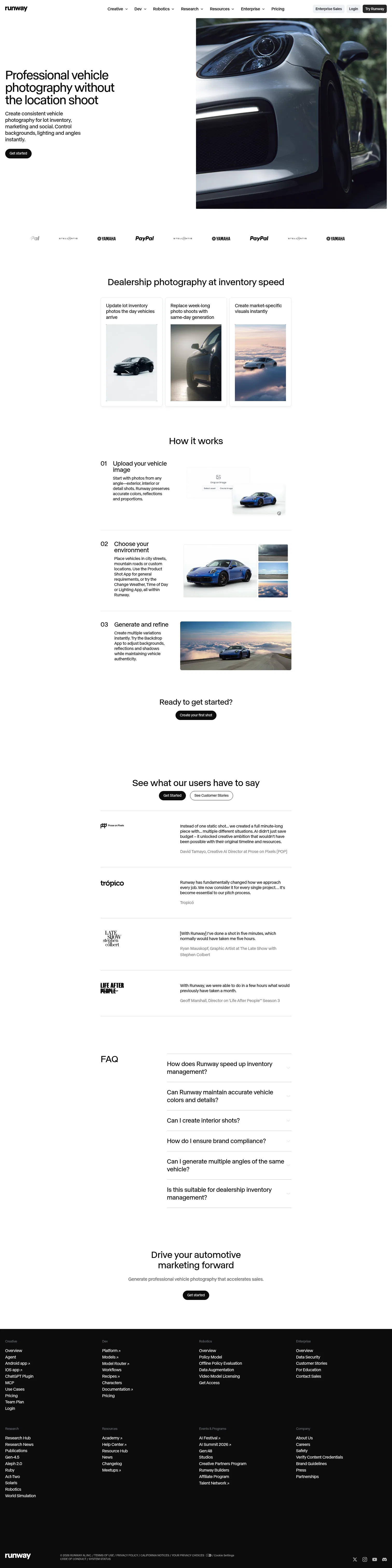 runway.com/use-cases/automotive on desktop, full screenshot