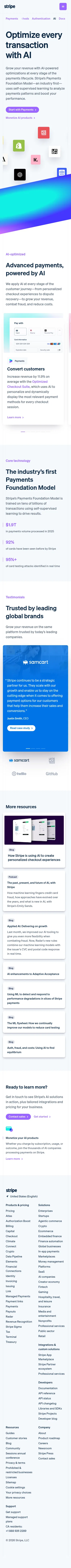 stripe.com/payments/ai on mobile, full screenshot