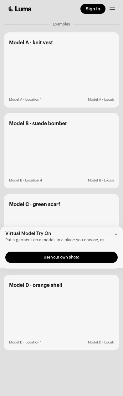 app.lumalabs.ai/solutions/virtual-model-try-on on mobile, full screenshot