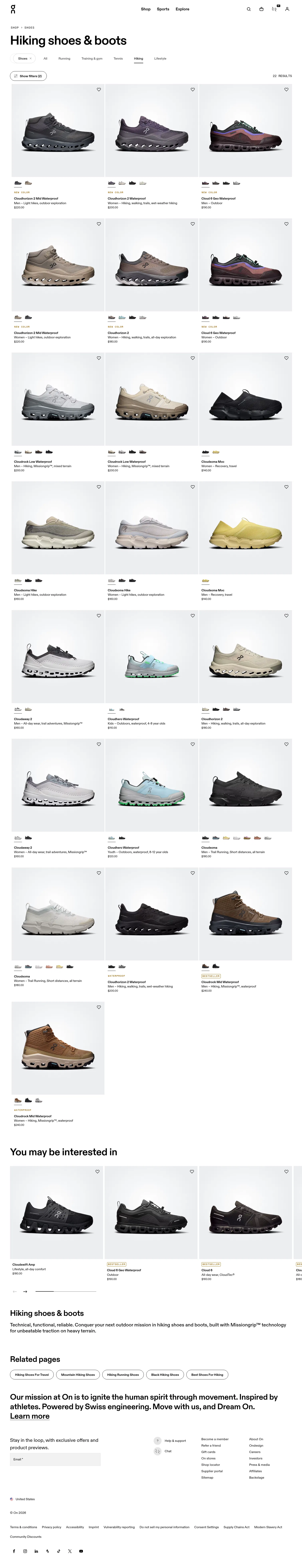 on.com/en-us/shop/shoes/hiking on desktop, full screenshot