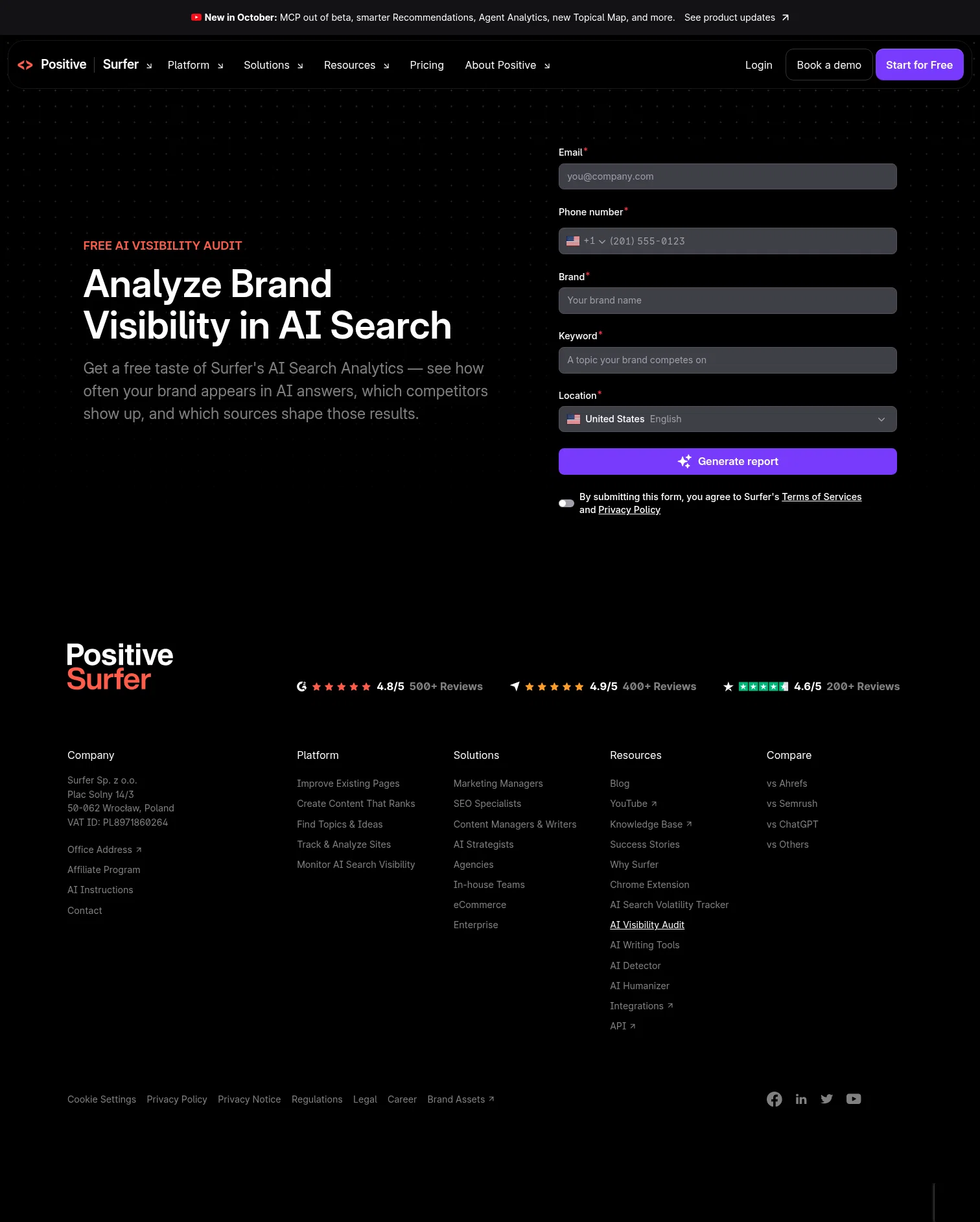 surferseo.com/free-ai-visibility-audit on desktop