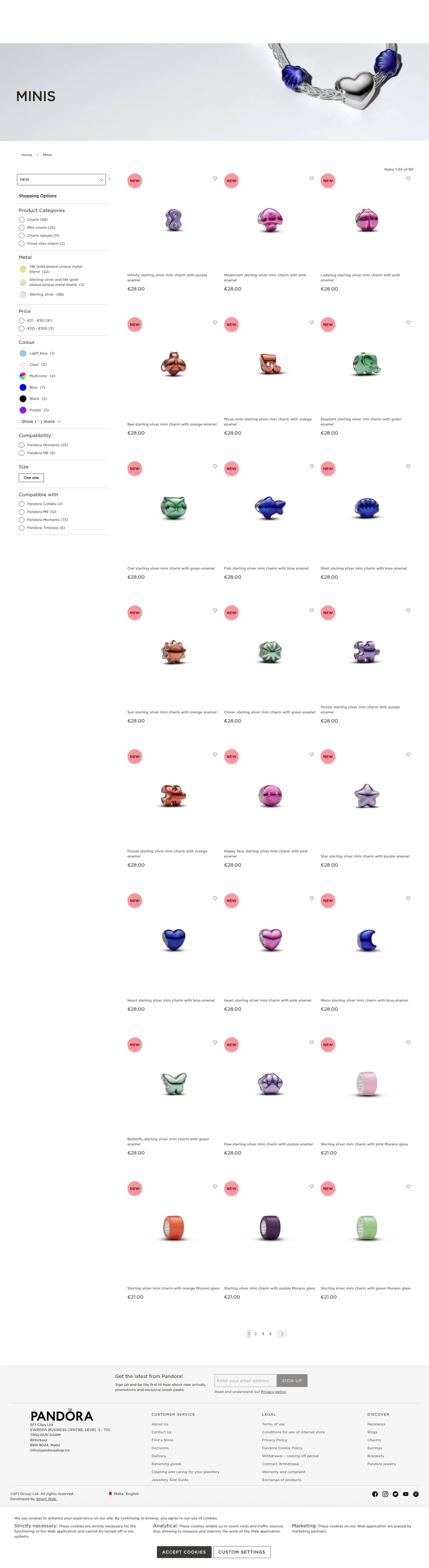 pandorashop.mt/minis on desktop, full screenshot