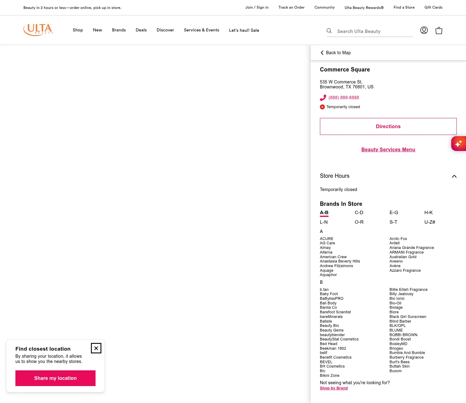 ulta.com/stores/brownwood-tx-1888 on desktop, full screenshot