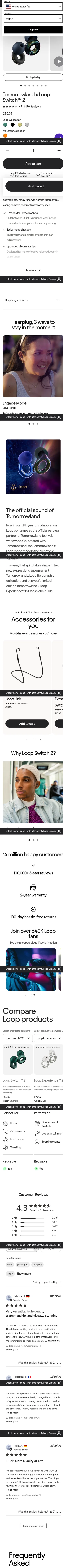 loopearplugs.com/products/switch-2-tomorrowland on mobile, full screenshot