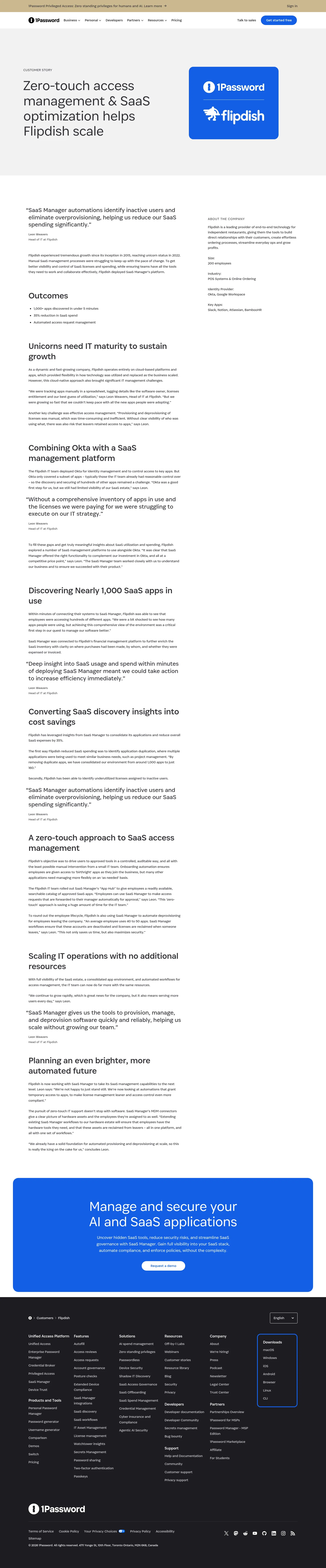 1password.com/customers/flipdish on desktop, full screenshot