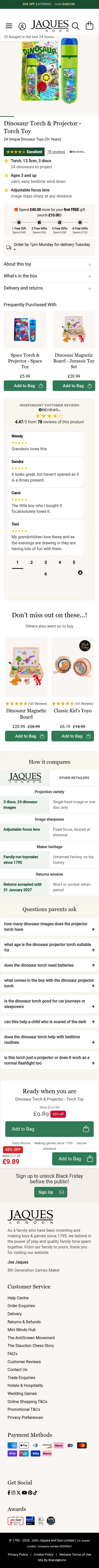 jaqueslondon.co.uk/products/dinosaur-torch-projector on mobile, full screenshot