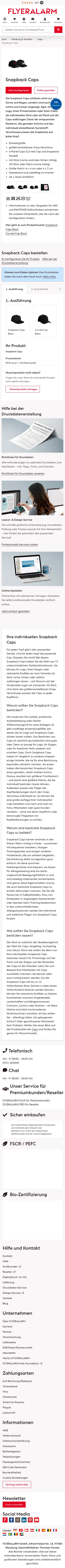 flyeralarm.com/de/p/snapback-caps-9952485.html on mobile, full screenshot